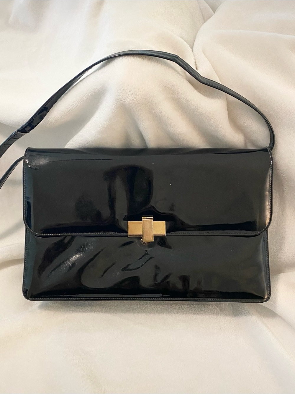 Black Patent Shoulder Bag with Gold Turn-Lock Closure